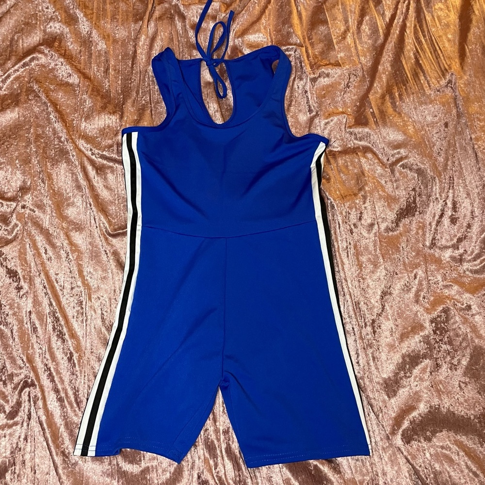 Blue with black and white racer stripes shorts romper